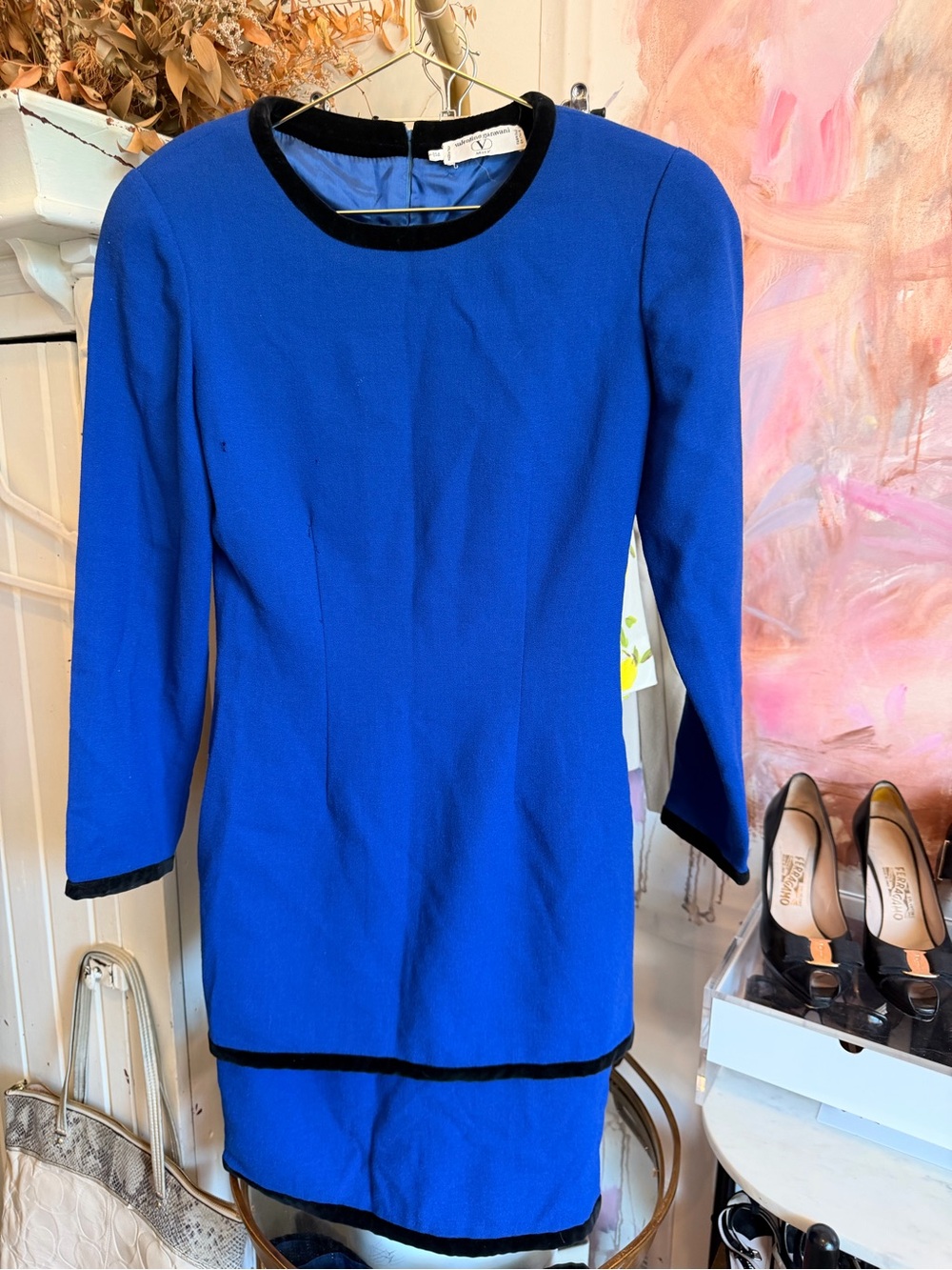 Valentino Garavani Cobalt Blue Long Sleeve Dress with Black Trim